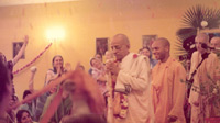 Srila Prabhu being welcomed by his disciples at a new temple in the USA.