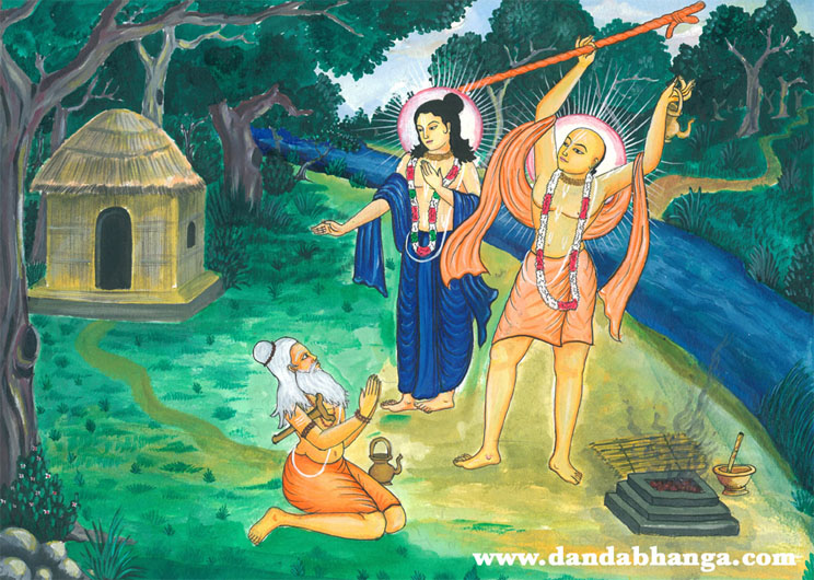 Bhrgu Muni greets Lord Caitanya and His associates while arriving to his asrama.