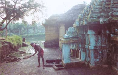 A sevak (servant) engaged in sweeping the shrine’s premises.