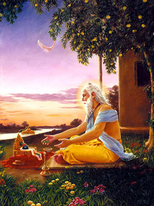Advaita Acarya prays for the appearance of the Lord in this dreadful age of Kali with Ganga water and Tulsi leaves